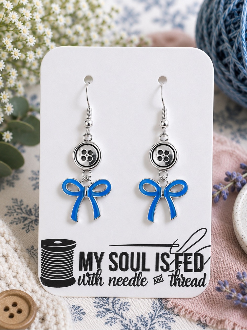 New Handmade Silver-Tone Button and Blue Bow Charm Dangle Earrings